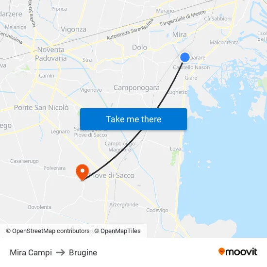 Mira Campi to Brugine map