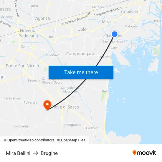 Mira Bellini to Brugine map