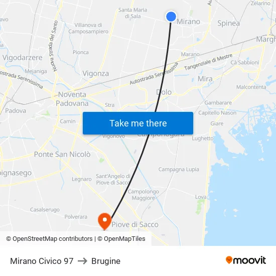 Mirano No. 97 to Brugine map