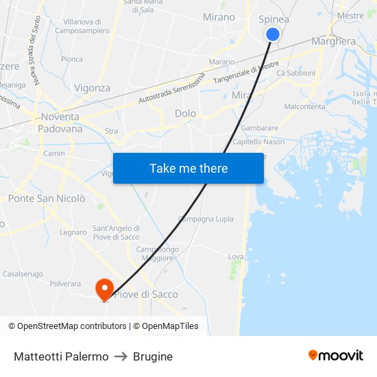 Matteotti Palermo to Brugine map