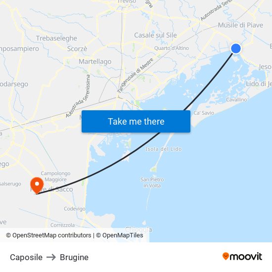 Caposile to Brugine map