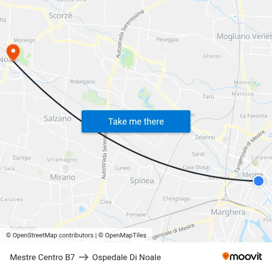 Mestre Center B7 to Noale Hospital map
