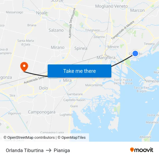 Orlanda Tiburtina to Pianiga map
