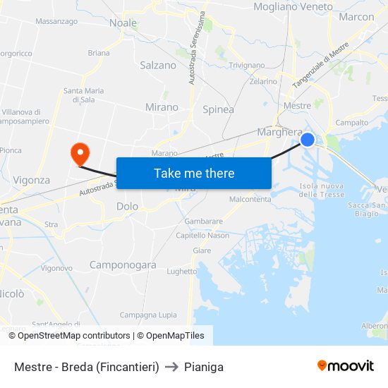 Mestre - Breda (Fincantieri) to Pianiga map