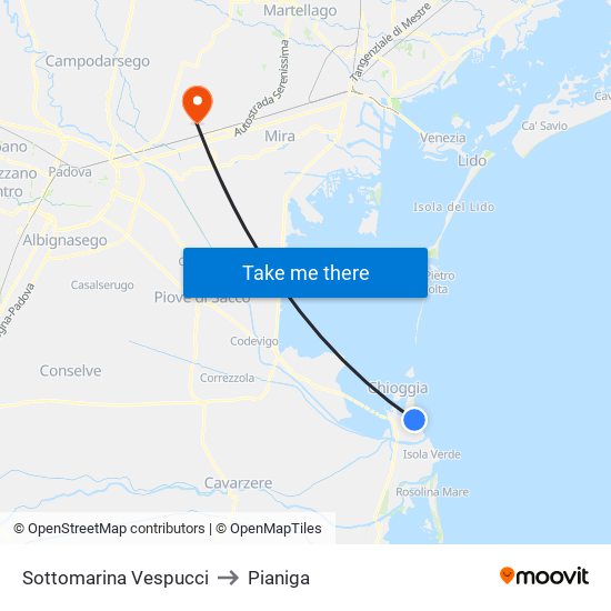 Sottomarina Vespucci to Pianiga map
