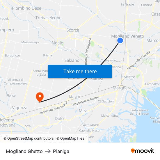 Mogliano Ghetto to Pianiga map