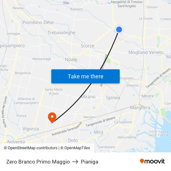 Zero Branco Primo Maggio to Pianiga map