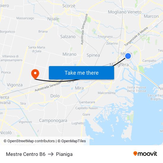 Mestre Centro B6 to Pianiga map