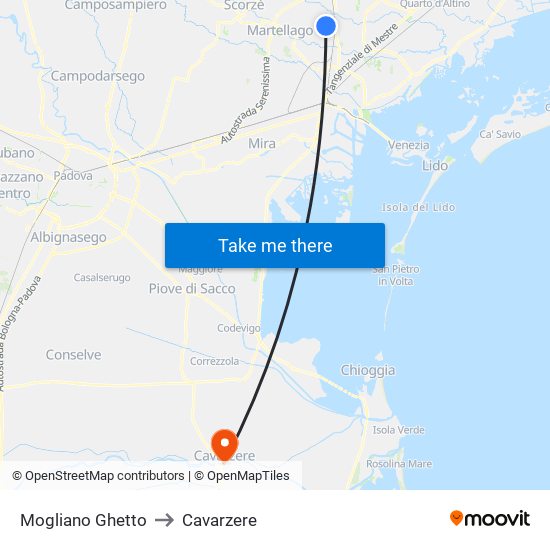 Mogliano Ghetto to Cavarzere map