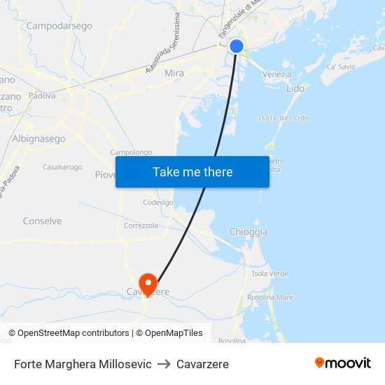 Forte Marghera Millosevic to Cavarzere map
