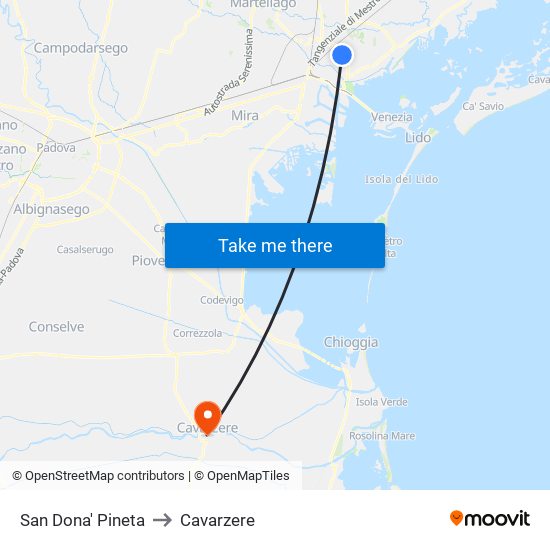 San Dona' Pineta to Cavarzere map