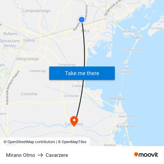 Mirano Olmo to Cavarzere map