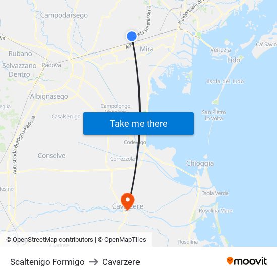 Scaltenigo Formigo to Cavarzere map