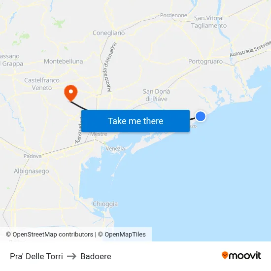 Pra' Delle Torri to Badoere map