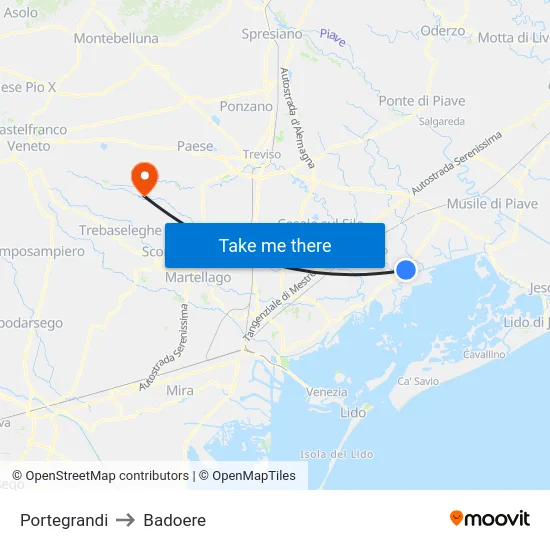 Portegrandi to Badoere map