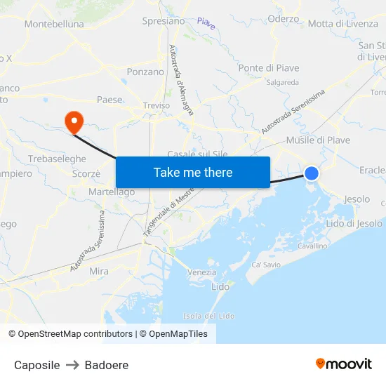 Caposile to Badoere map