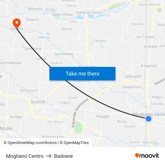 Mogliano Center to Badoere map