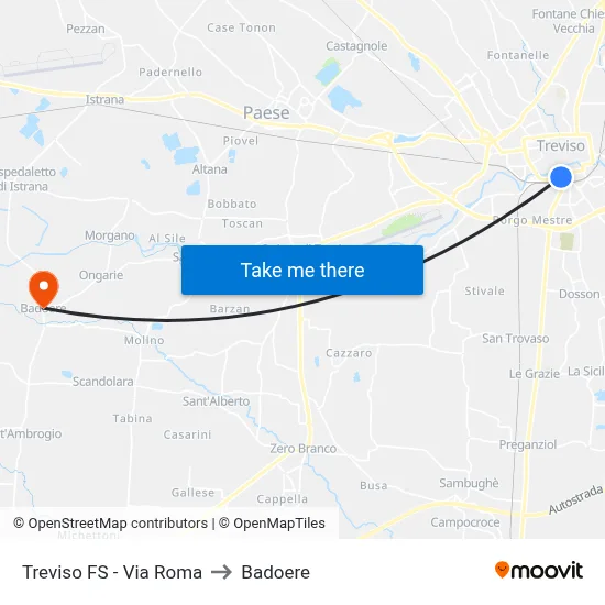 Treviso FS - Via Roma to Badoere map