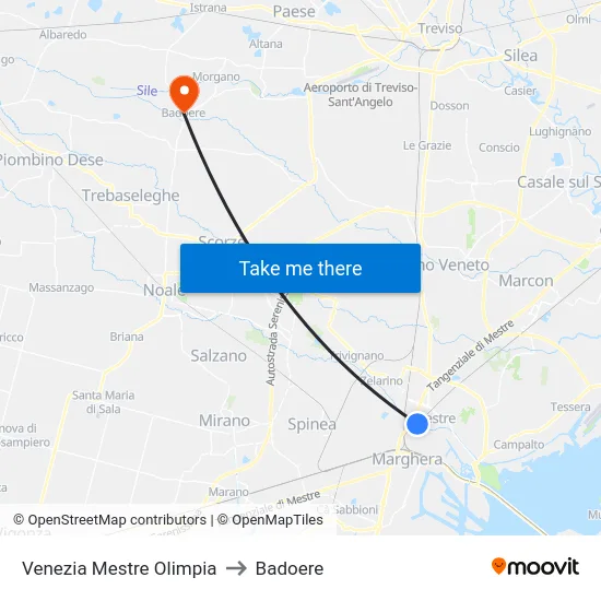 Venezia Mestre Olimpia to Badoere map