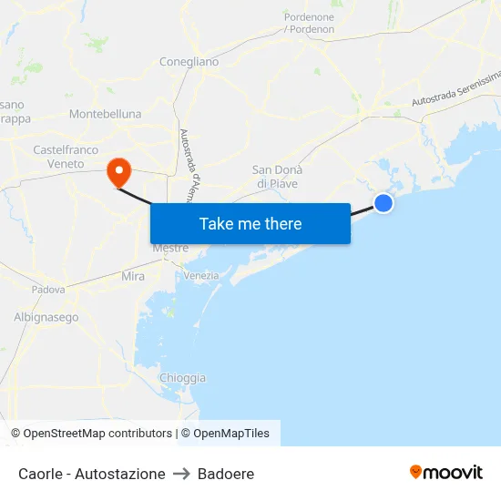 Caorle - Bus Station to Badoere map