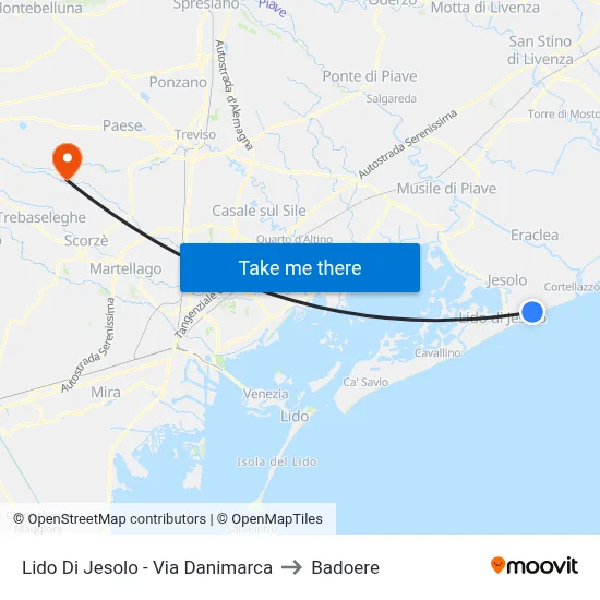 Lido Di Jesolo - Via Danimarca to Badoere map