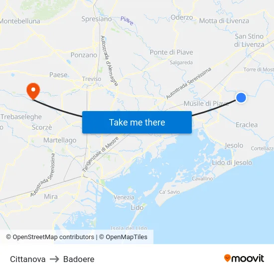 Cittanova to Badoere map