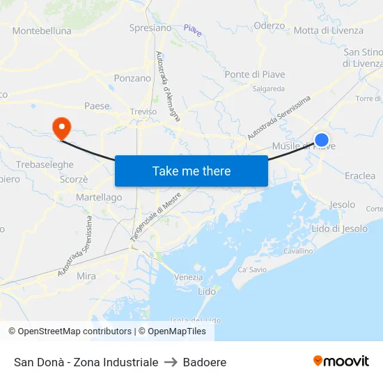 San Donà - Zona Industriale to Badoere map