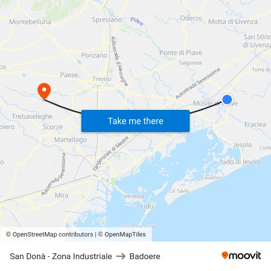 San Donà - Zona Industriale to Badoere map