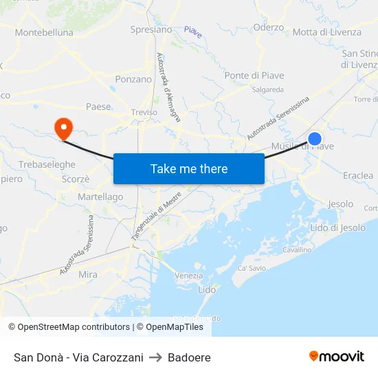 San Donà - Via Carozzani to Badoere map