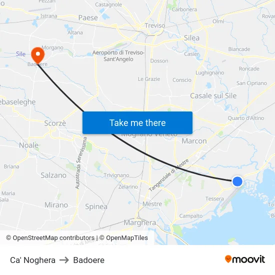 Ca' Noghera to Badoere map