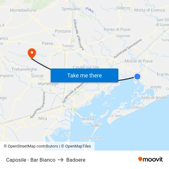 Caposile - Bar Bianco to Badoere map