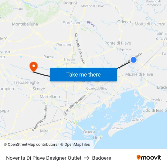 Noventa Di Piave Designer Outlet to Badoere map