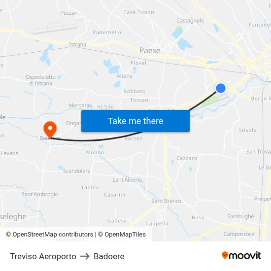 Treviso Airport to Badoere map