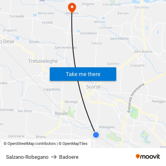 Salzano-Robegano to Badoere map