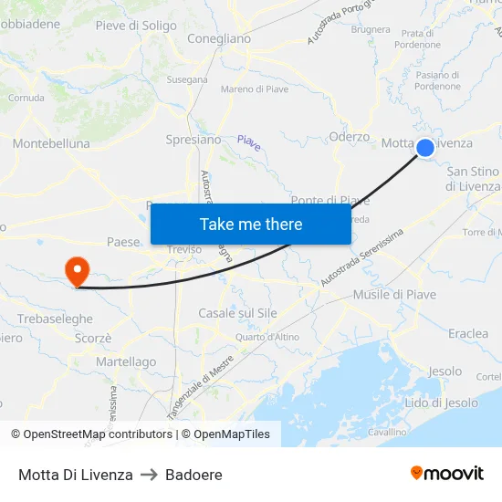 Motta Di Livenza to Badoere map