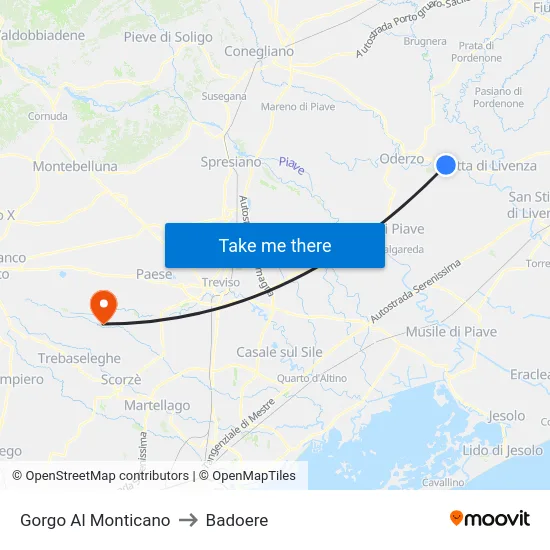 Gorgo Al Monticano to Badoere map