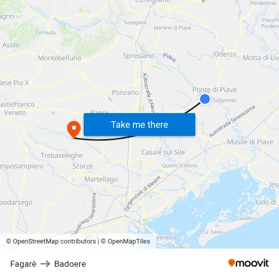 Fagarè to Badoere map