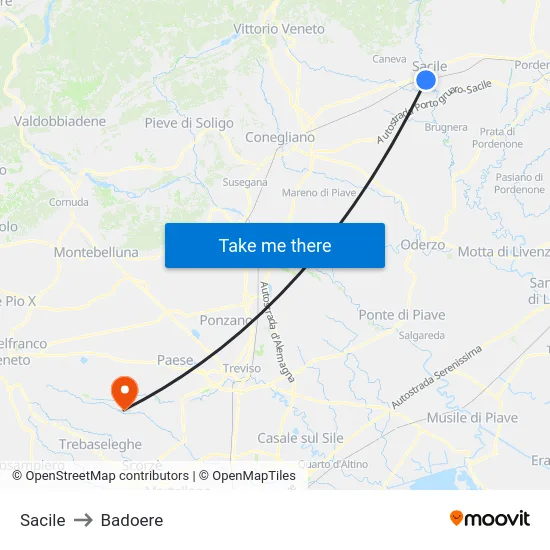 Sacile to Badoere map