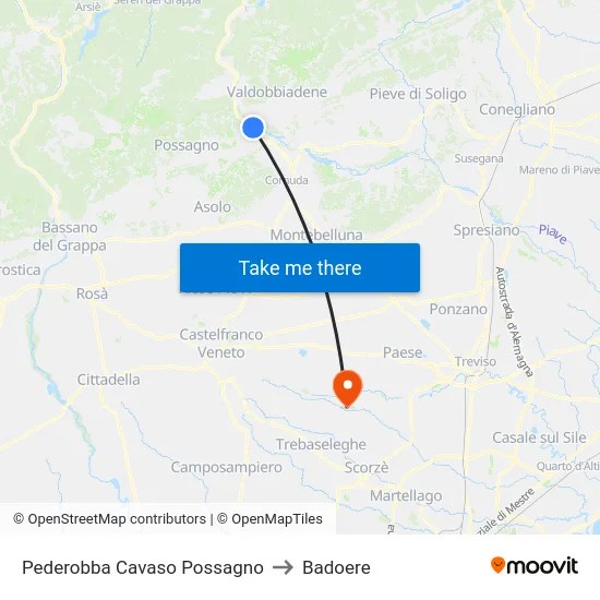 Pederobba Cavaso Possagno to Badoere map