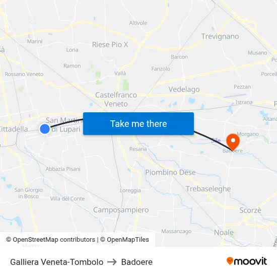 Galliera Veneta-Tombolo to Badoere map