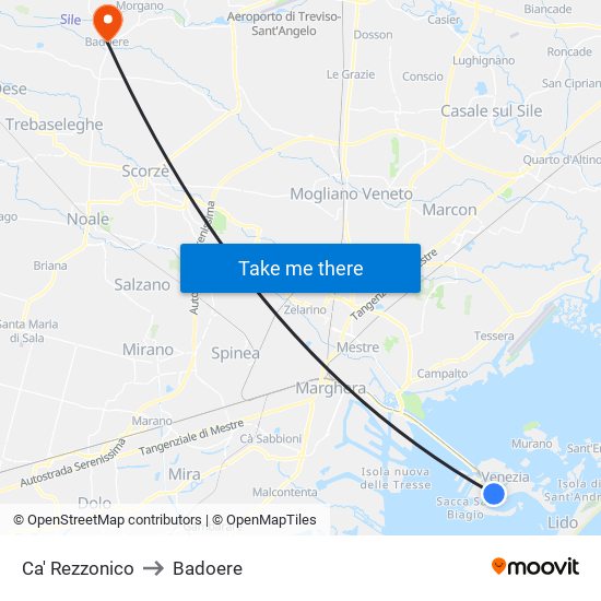 Ca' Rezzonico to Badoere map