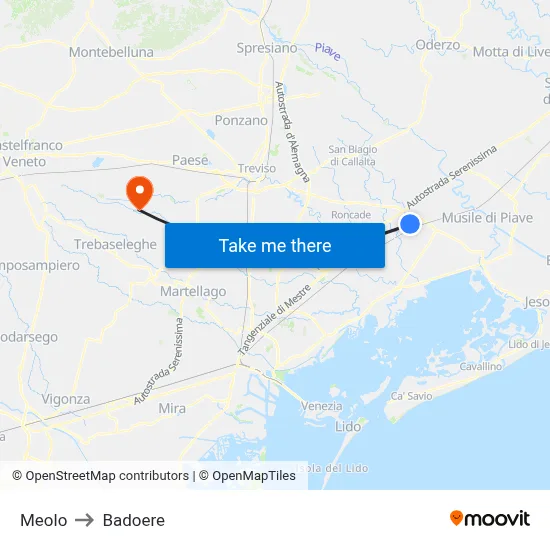Meolo to Badoere map