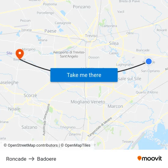 Roncade to Badoere map