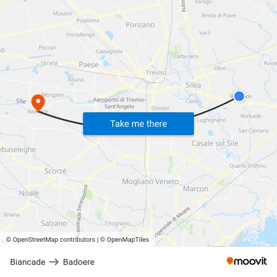 Biancade to Badoere map