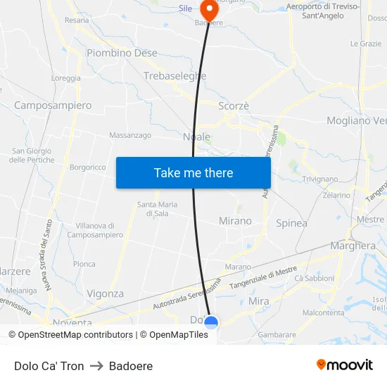 Dolo Ca' Tron to Badoere map