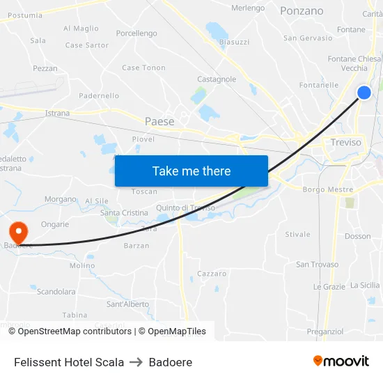 Felissent Hotel Scala to Badoere map