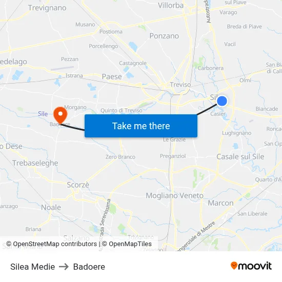 Silea Middle School to Badoere map