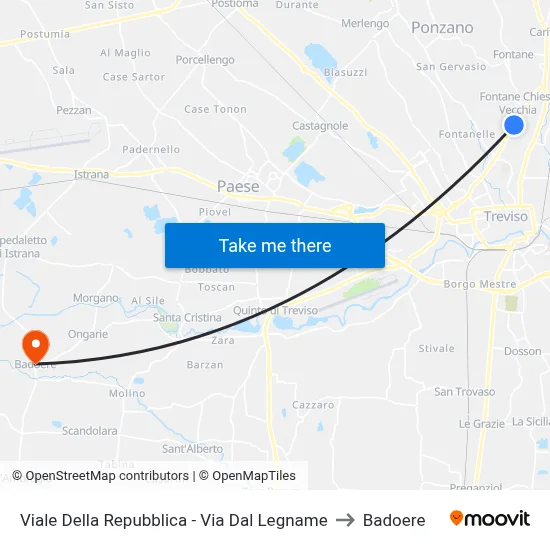 Viale Della Repubblica - Via Dal Legname to Badoere map