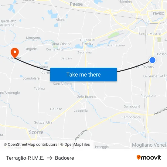 Terraglio-P.I.M.E. to Badoere map