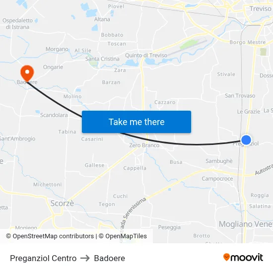 Preganziol Center to Badoere map